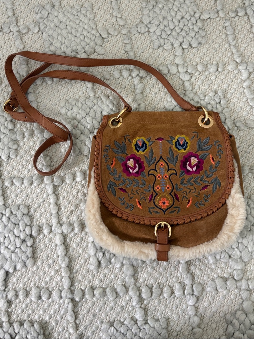 UGG Tan Suede Crossbody Bag with Multicolor Floral Embroidery and Shearling Trim
